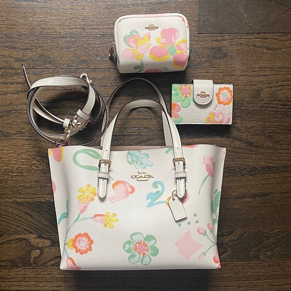Coach White Tote with Colorful Floral Accents